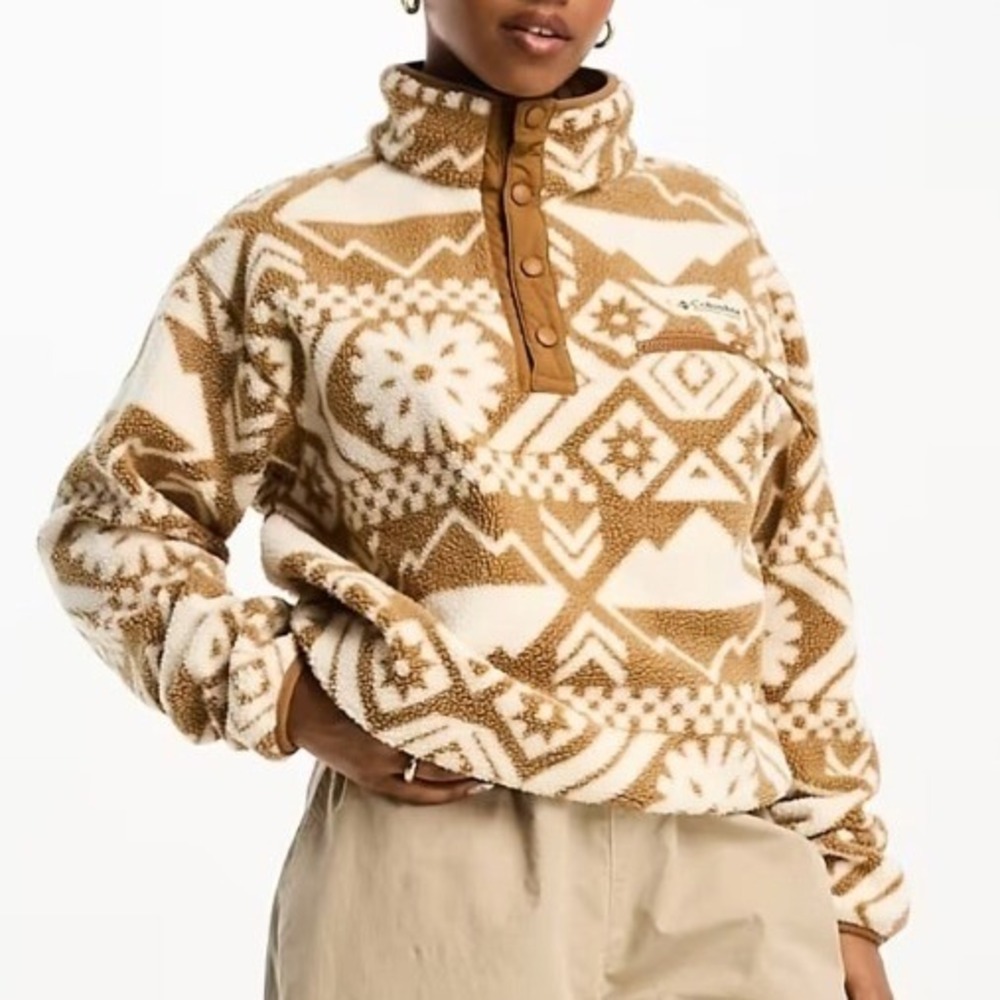 Columbia Helvetia Cropped Half Snap Fleece Women Medium Aztec Geometric Tan